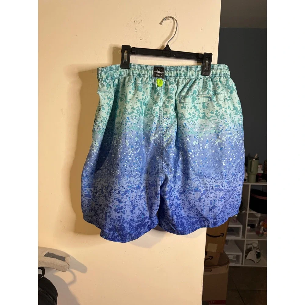 Spicy Tuna Mens Blue Teal Ombre Splatter Print Swim Trunks Mesh Lined XL